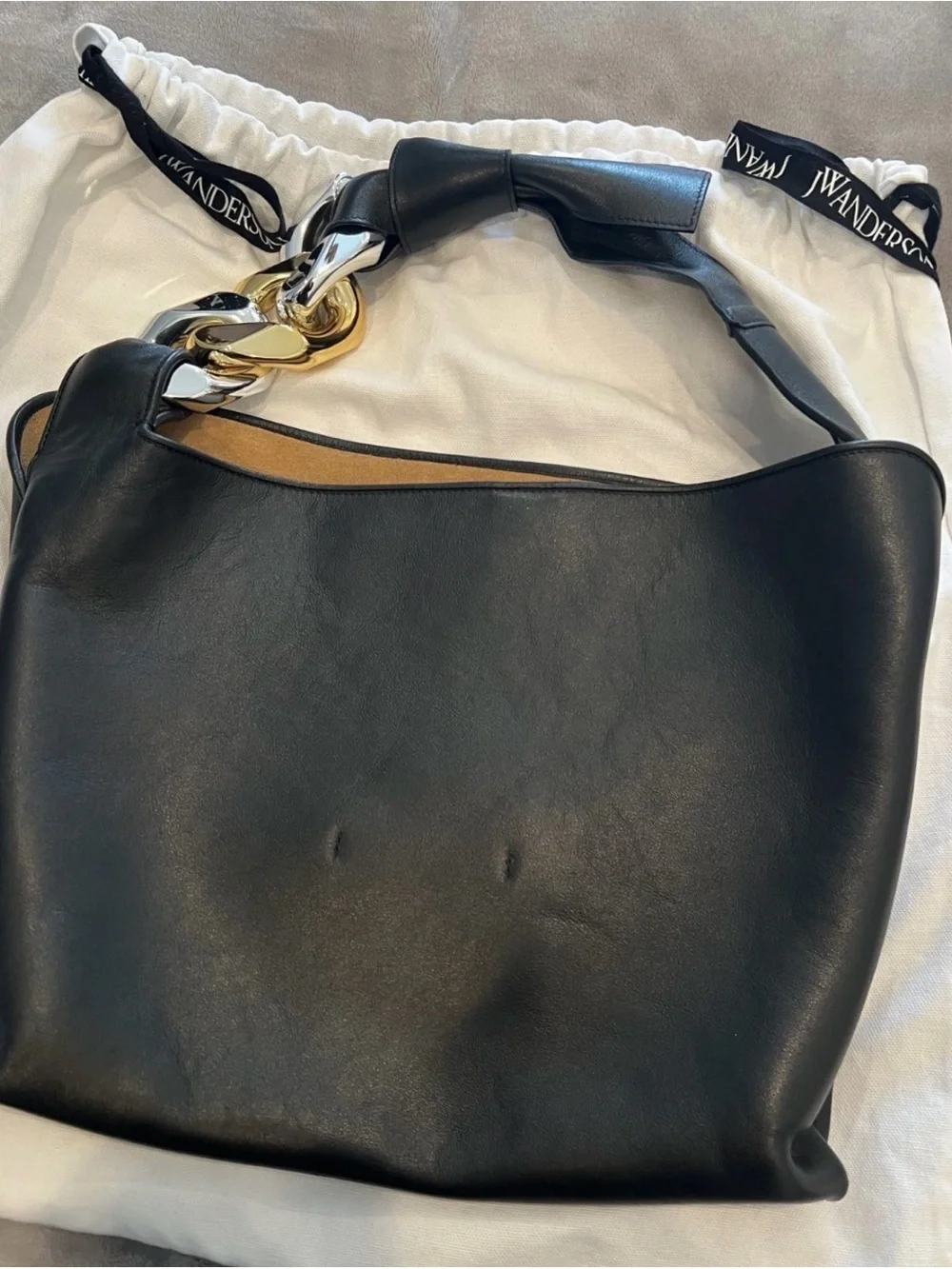 JW ANDERSON Black Shoulder Bag with Gold & Silver Chain Links